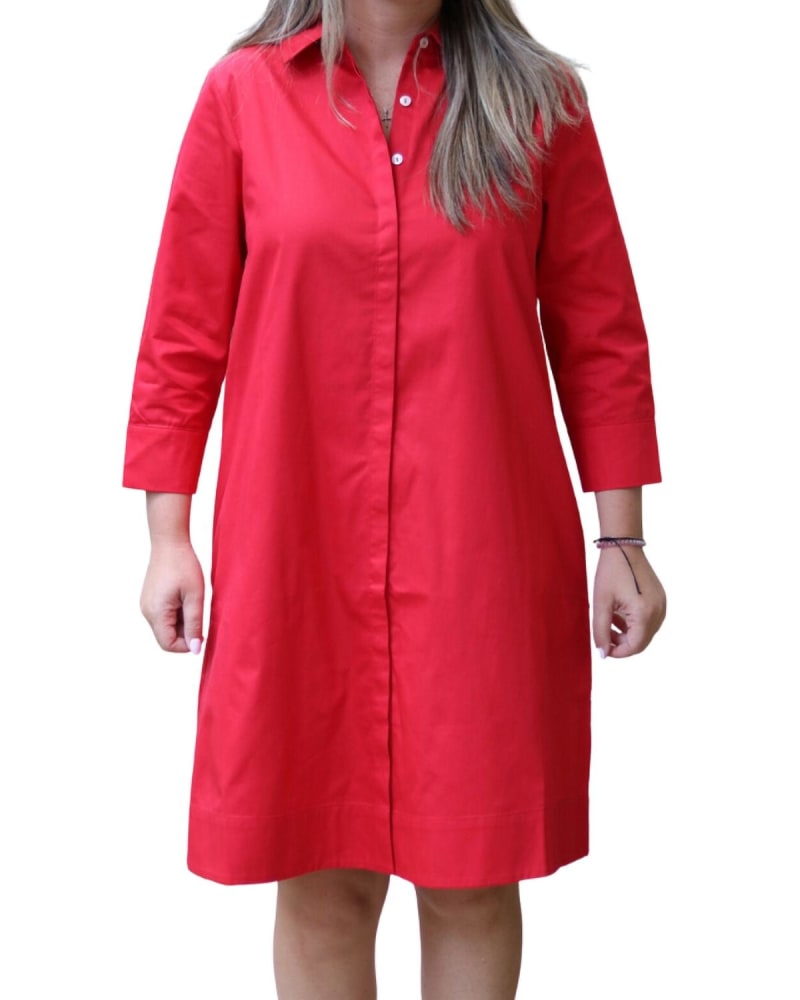 Front of a model wearing a size XXL Christy Poplin Shirt Dress In Red in Red by PERLAVERA. | dia_product_style_image_id:344786
